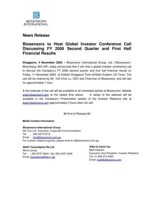 News Release Biosensors To Host Global Investor Conference Call News Release Biosensors To Host Global Investor Conference Call