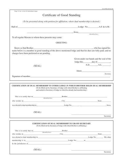 Form 26a - Certificate of Good Standing - The Grand Masonic Lodge