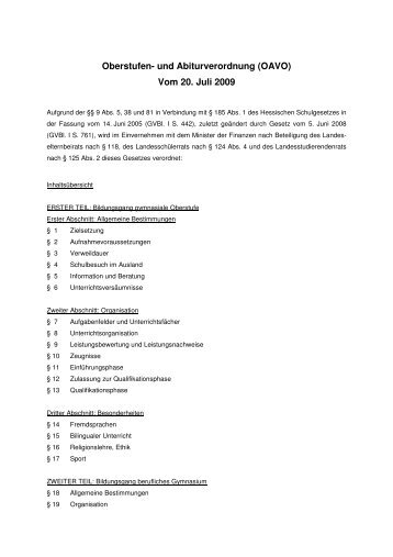 Oberstufen- und Abiturverordnung (OAVO) vom 20. Juli 2009