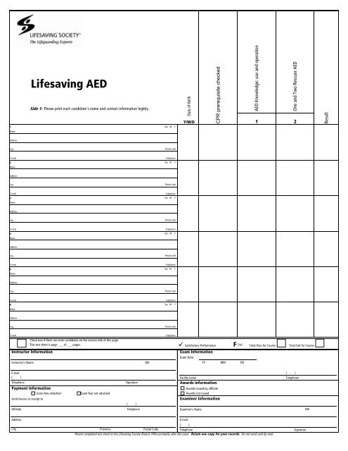 AED test sheet - Lifesaving Society