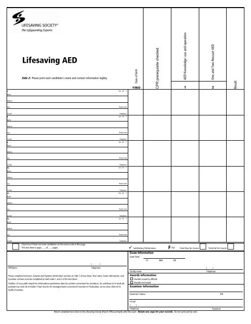 AED test sheet - Lifesaving Society