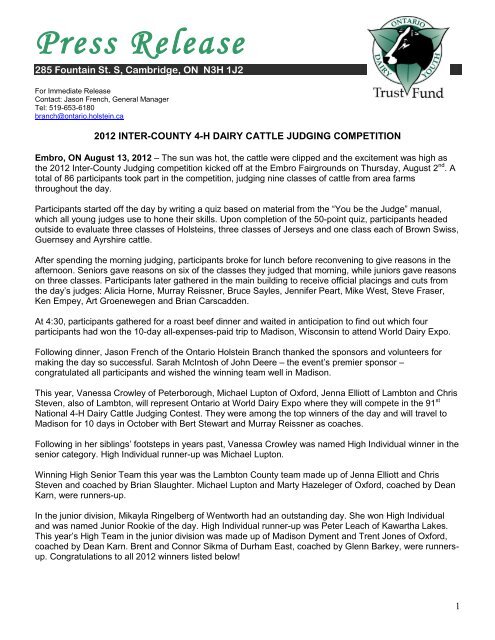 Press Release - 4-H Ontario