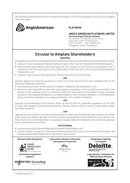 Circular to Amplats Shareholders - Anglo American Platinum