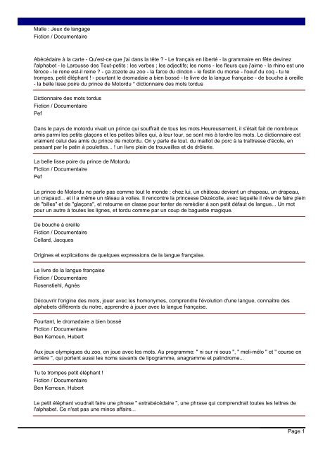 Malle : Jeux de langage Fiction / Documentaire AbÃ©cÃ©daire Ã la carte