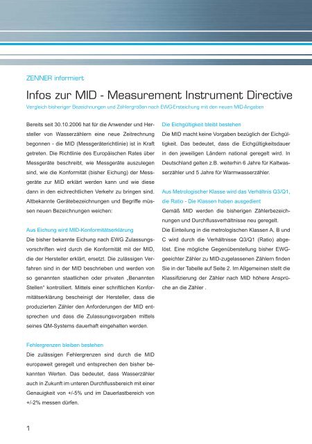 ZENNER INFORMIERT Informationen zur MID Measurement ...