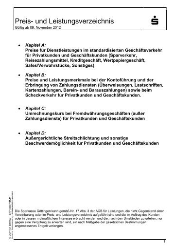 Preis- und Leistungsverzeichnis - Sparkasse Göttingen