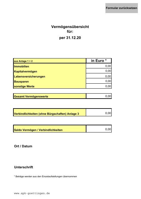 Vermögensübersicht formular