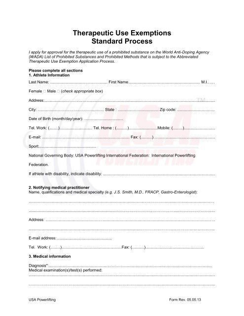 Therapeutic Use Exemptions, Standard Form - USA Powerlifting