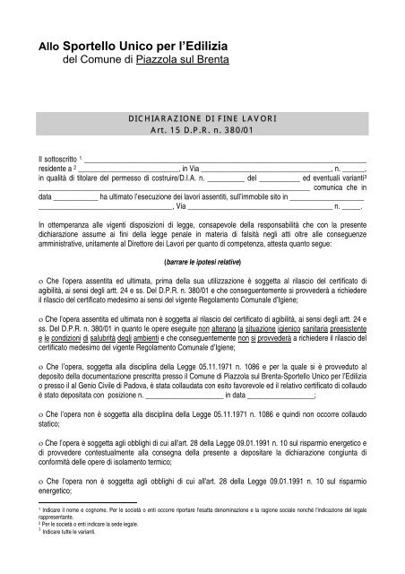 Allo Sportello Unico per l'Edilizia - Comune di Piazzola sul Brenta
