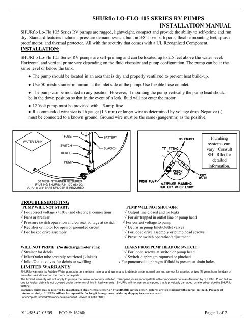 SHURflo LO-FLO 105 SERIES RV PUMPS INSTALLATION MANUAL