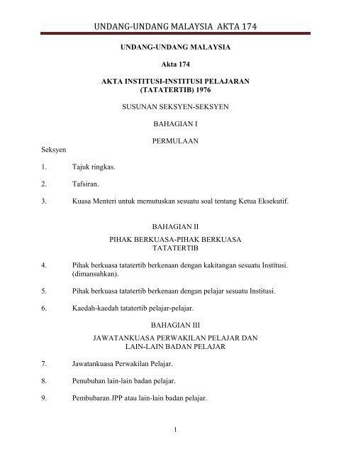 UNDANG-UNDANG MALAYSIA AKTA 174 - Institut Pendidikan Guru ...