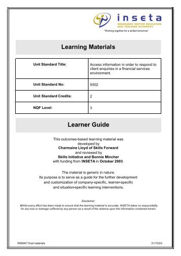 Learning Materials Learner Guide - INSETA