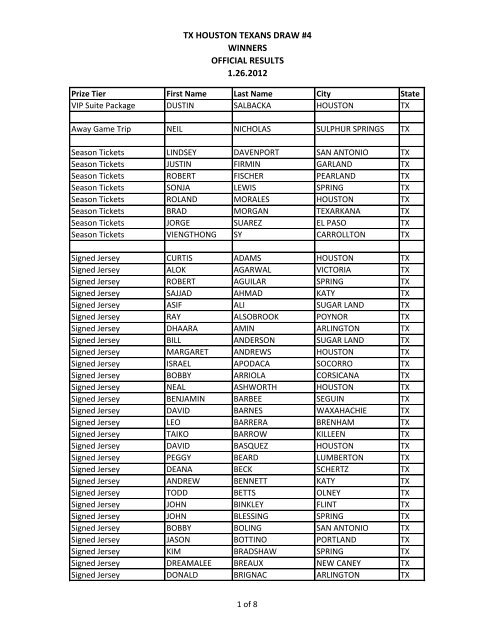 tx houston texans draw #4 winners official results 1.26.2012