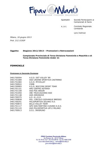 Promozioni Terza Divisione - FIPAV - Comitato Provinciale di Milano