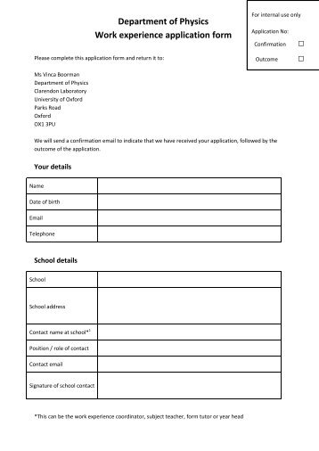 Department of Physics Work experience application form