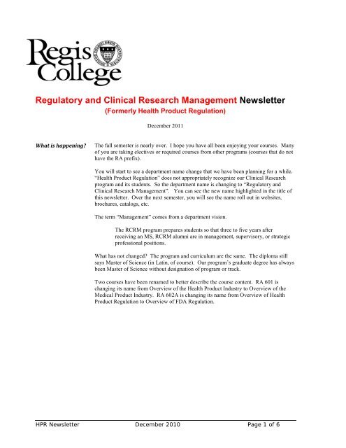 Regulatory and Clinical Research Management ... - Regis College