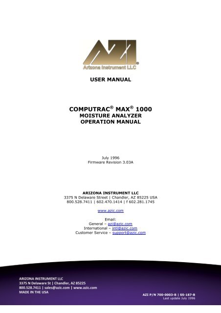 Maxi Trac User Guide.pdf Computrac MAX-1000 User's Manual - Arizona Instrument