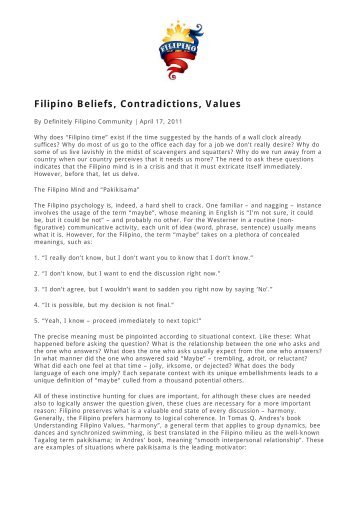 Filipino Beliefs, Contradictions, Values - Philippine Culture