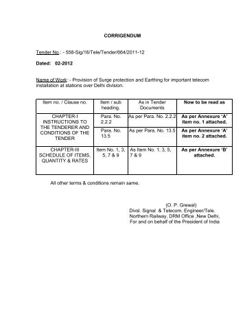 Download Tender Document Corrigendum - Northern Railway