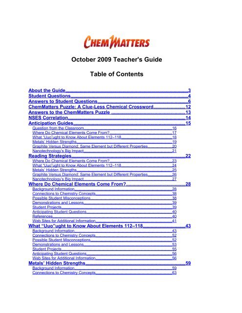 October 2009 Teacher S Guide Table Of Contents Chicago Acs