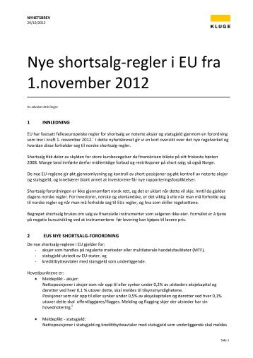 Nye shortsalg-regler i EU fra 1.november 2012 - Kluge