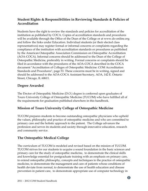 2011-2012 - College of Osteopathic Medicine - Touro University ...