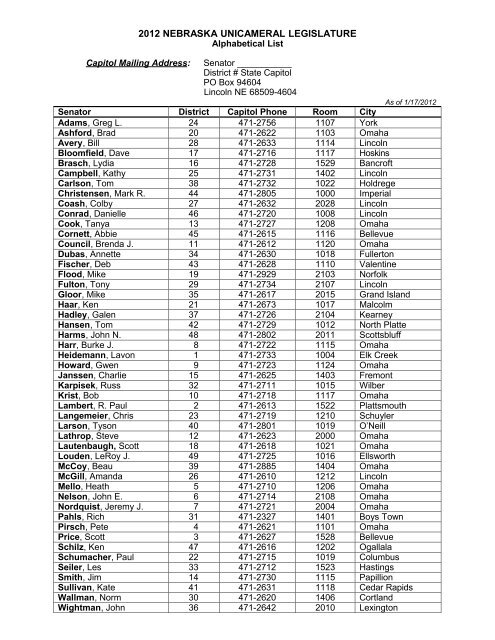 Legislative Roster - Nebraska Legislature