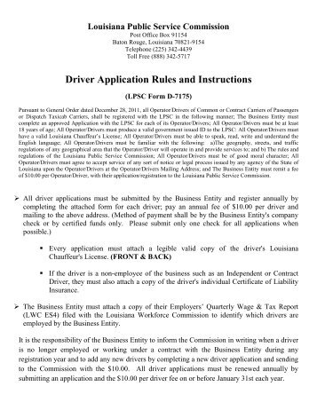 Driver Application Rules and Instructions - Louisiana Public Service ...