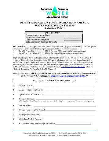 permit application form to create or amend a water distribution system