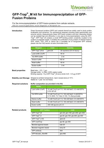 GFP-TrapÂ®_M kit for Immunoprecipitation of GFP ... - ChromoTek