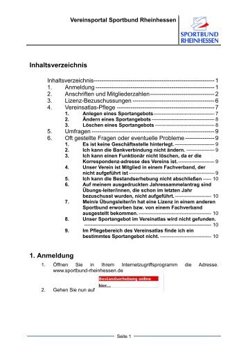 Inhaltsverzeichnis 1. Anmeldung - Sportbund Rheinhessen