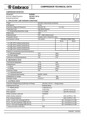 NJ6226Z 142HA04 EN12900 CSR - Embraco