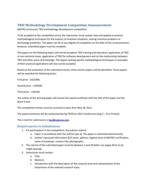 TRIZ Methodology Development Competition ... - TRIZ-online