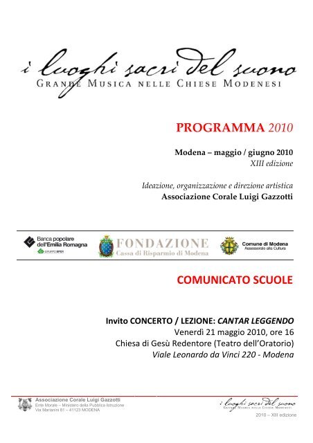 Comunicato Scuole CANTAR LEGGENDO - Coro Luigi Gazzotti