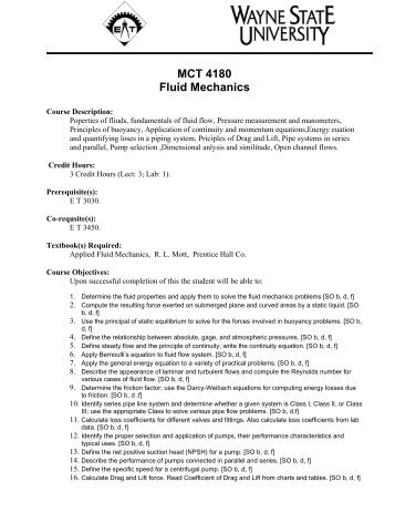 MCT 4180 Fluid Mechanics
