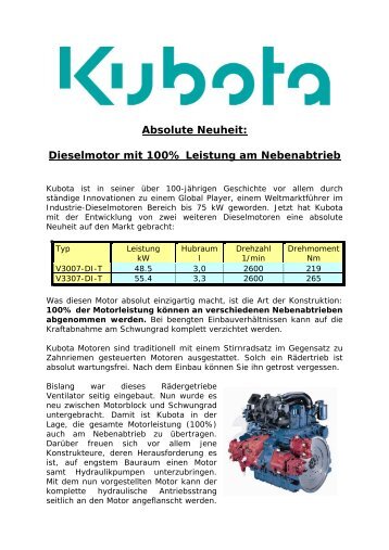 Absolute Neuheit: Dieselmotor mit 100% Leistung am ... - Kubota