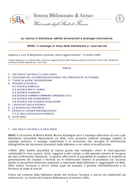 SCHEMA DELLA DISPENSA - Sistema bibliotecario di Ateneo