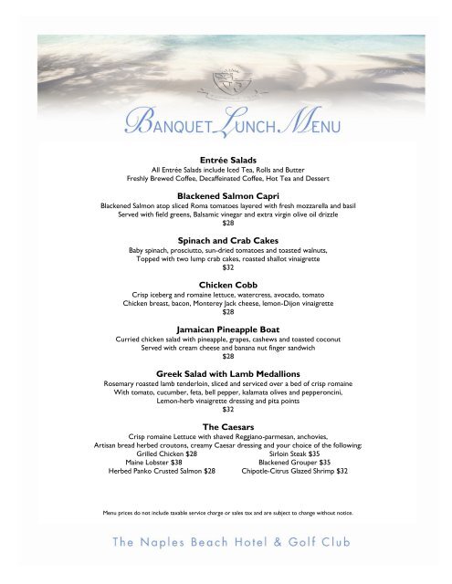 Banquet Menu - Lunch Menus - Naples Beach Hotel & Golf Club