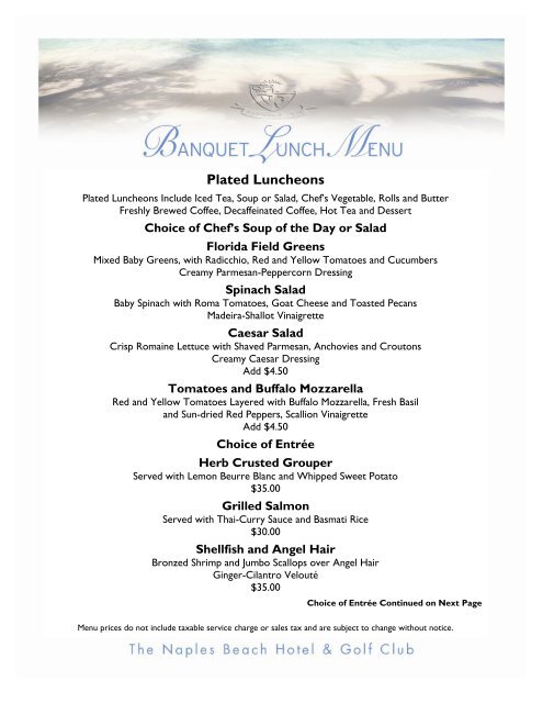 Banquet Menu - Lunch Menus - Naples Beach Hotel & Golf Club