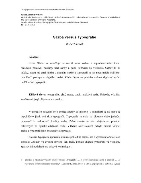 JanÃ¡k. Sazba versus Typografie - Katedra vÃ½tvarnÃ© vÃ½chovy PdF UP