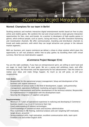 eCommerce Project Manager - Stryking Entertainment