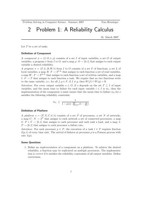 2 Problem 1: A Reliability Calculus - MTC