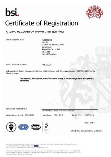 European BS EN ISO 9001:2008 Certificate of Registration - Purolite