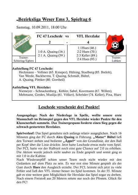 Bezirksliga Weser Ems 3, Spieltag 6 - Fc-47-Leschede