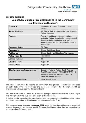 Use of Low Molecular Weight Heparins in the Community e.g. ...