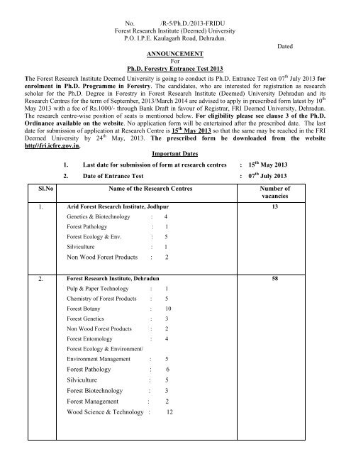 Ph.D. Entrance Test 2013 Announcement and Form Revised