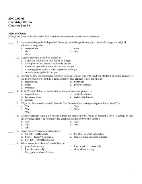 Review of Chapters 5 and 6 of the Chemistry Unit