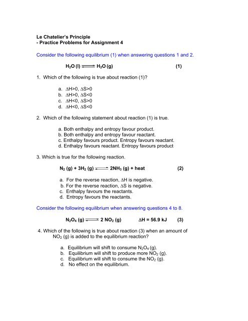 Le Chatelier's Principle Practice Worksheet