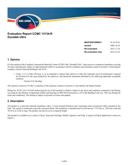 Evaluation Report Ccmc R Duradek Ultra National Evaluation Report Ccmc R Duradek Ultra National