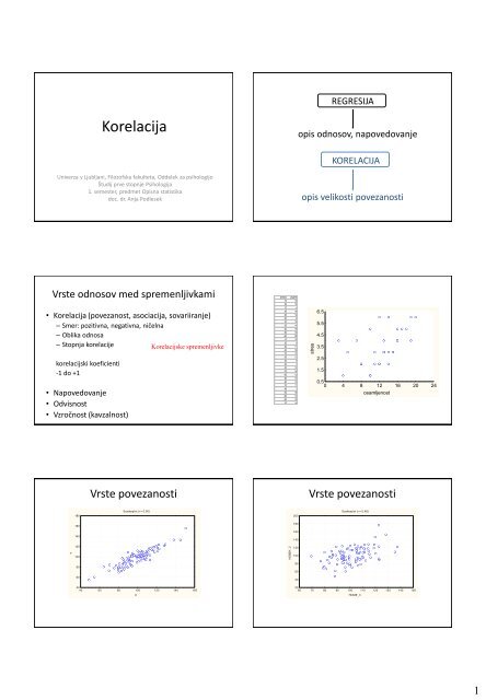 Korelacija in regresija - Oddelek za psihologijo - Univerza v Ljubljani